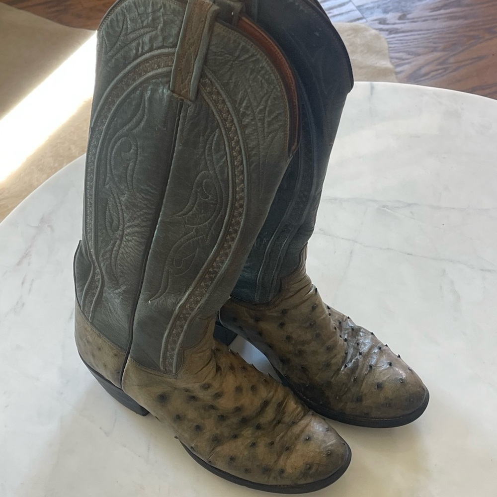 Lucchese Two-Tone Green Ostrich Heeled Cowboy Boots - Picture 12 of 14